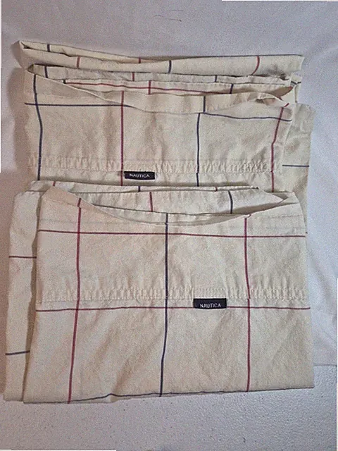 2- VTG Nautica Pillowcases 100% Cotton King & Queen #67468 Cream Grid Navy Check