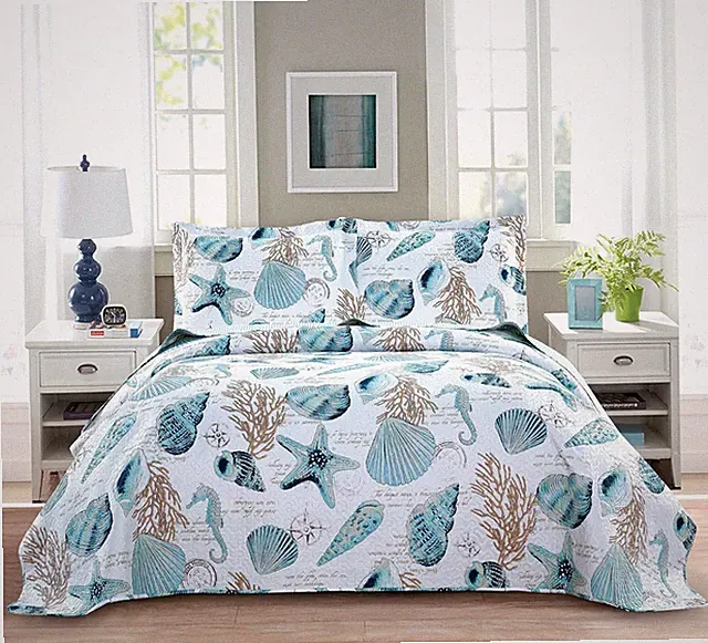 3-Piece Reversible Nautical Theme Bedspread Coverlet Queen(90X90 Inches),Blue-Gr