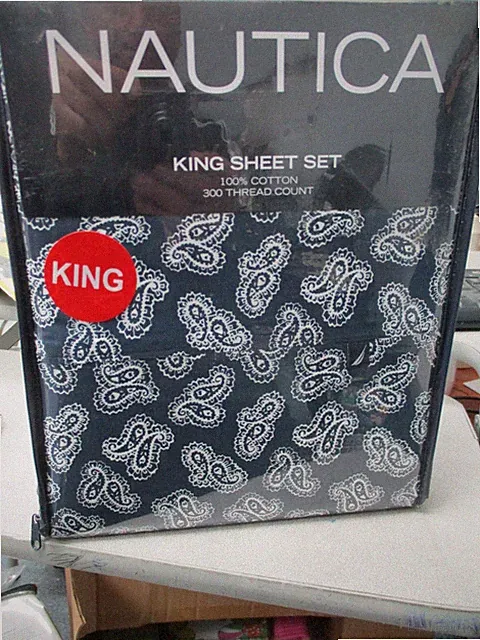 Nautica 4 Piece King Sheet Set CARRINGTON NAVY BLUE 300 CT 100% PURE COTTON
