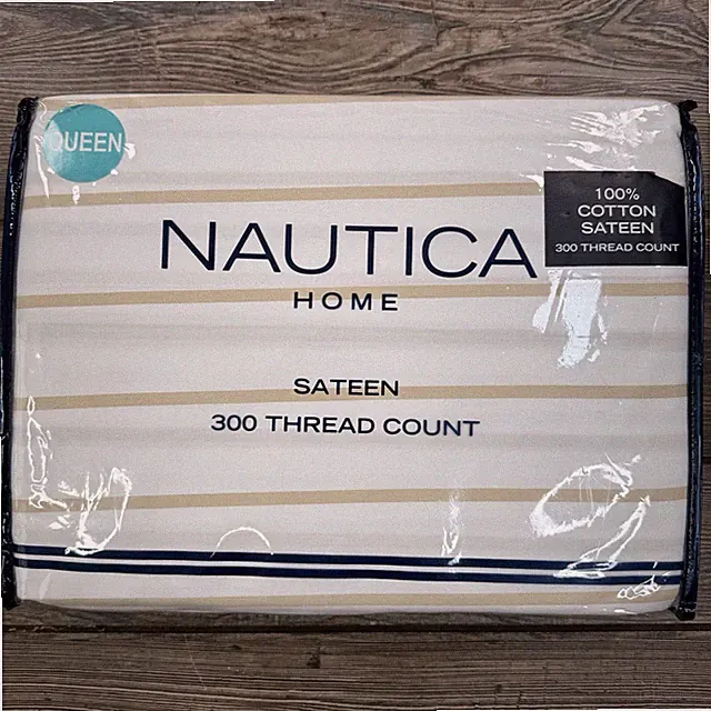 Nautica 4-Piece Queen Sheet Set 100% Cotton 300 Thread Count Beige Stripe NEW