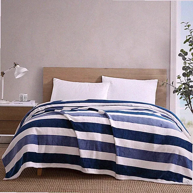 Nautica Awning Stripe Plush-Fleece Blue Blanket-Full/Queen