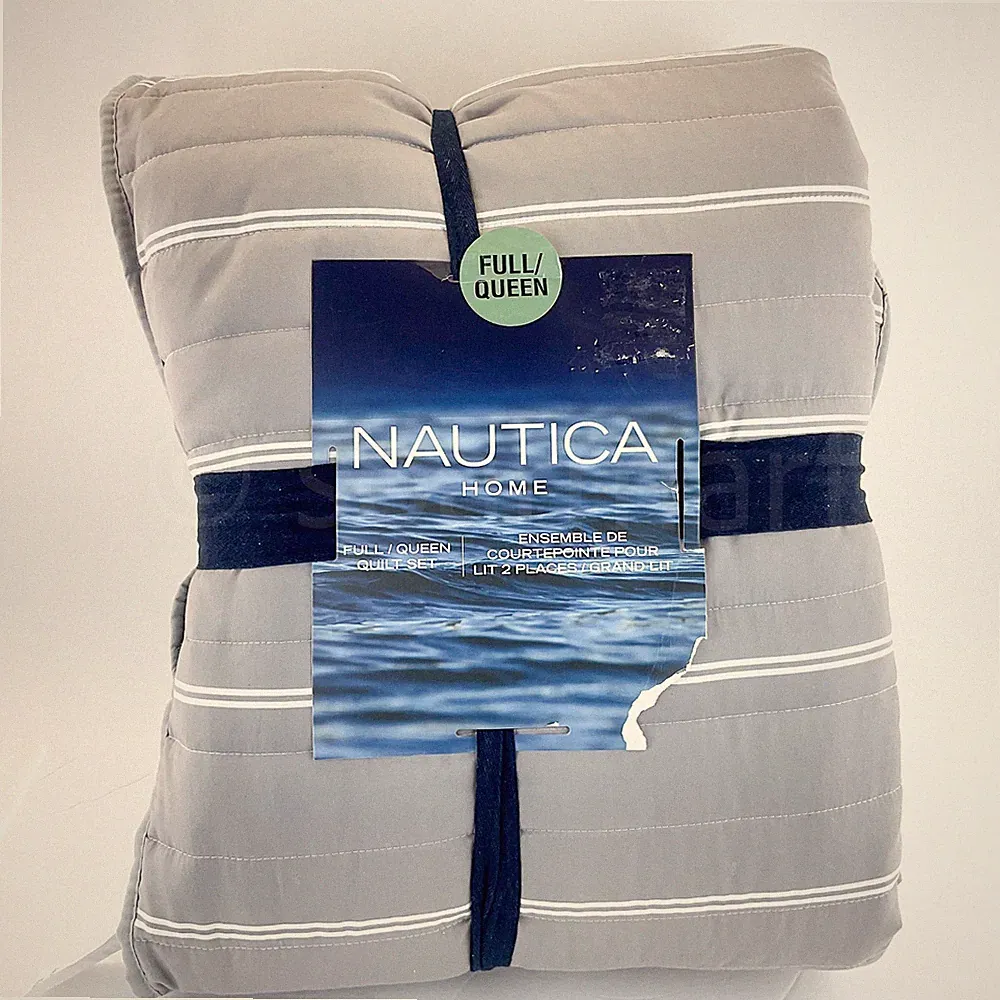 Nautica Bedding 3Pc Quilt Set Gray Cotton Full/Queen Machine Wash Sham
