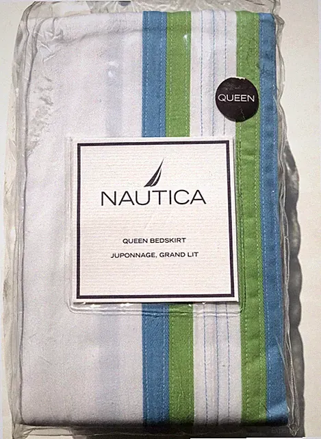 Nautica Bedskirt QUEEN ~ white twill with blue & green bands ~ Beachcomber ~ NOS