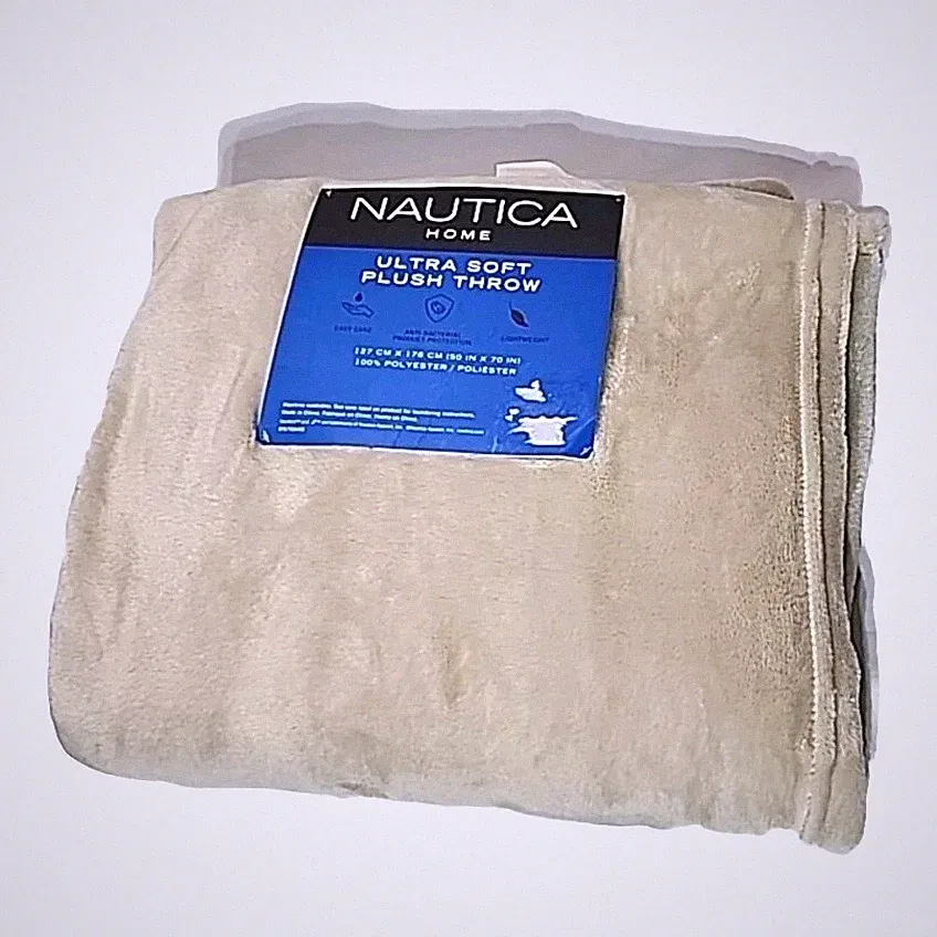 Nautica Blanket Home Ultra Soft Throw Beige Polyester 50 IN X 70 IN Lightweight