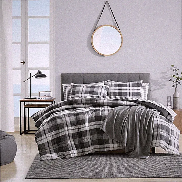 Nautica Comforter Set 3-Piece Full/Queen Size Plaid Microsuede Charcoal Gray