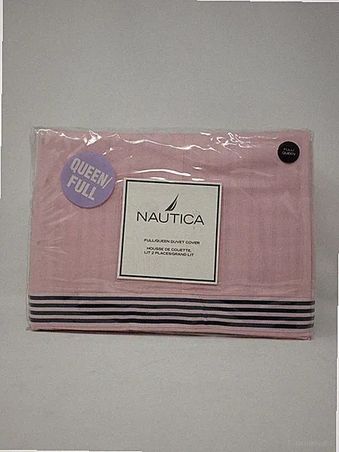 Nautica Full Queen Duvet Cover 100% Cotton Pink w/Brown Trim
