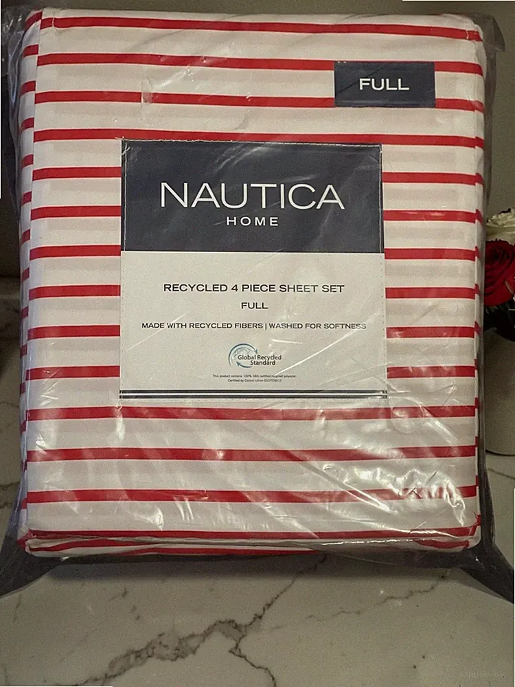 Nautica Full Sheet Set Red Stripe 4 Pc Bedding White Nautical Easy Care