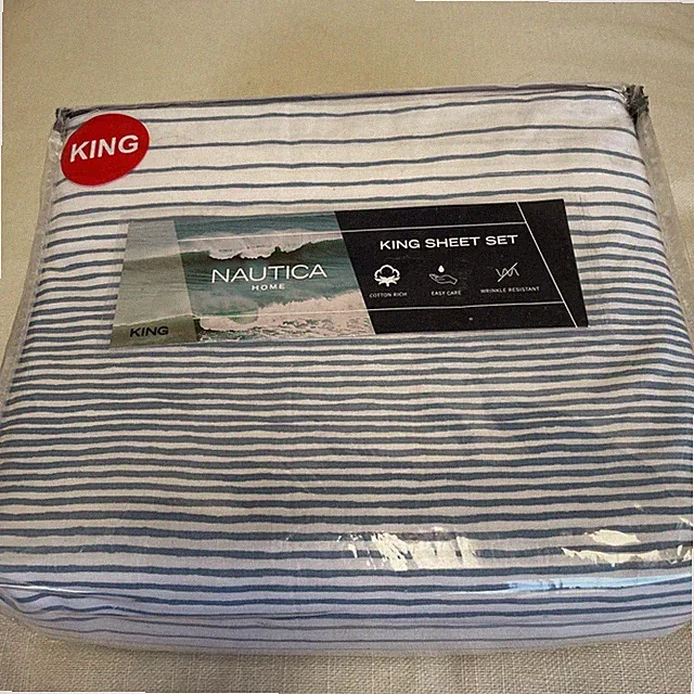 Nautica Hillridge Stripe KING Sheet Set Cotton Blend 60/40 Blue White NIP NEW P1