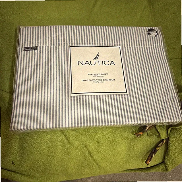 NAUTICA King FLAT Sheet Cambridge Blue Stripe 100% COTTON