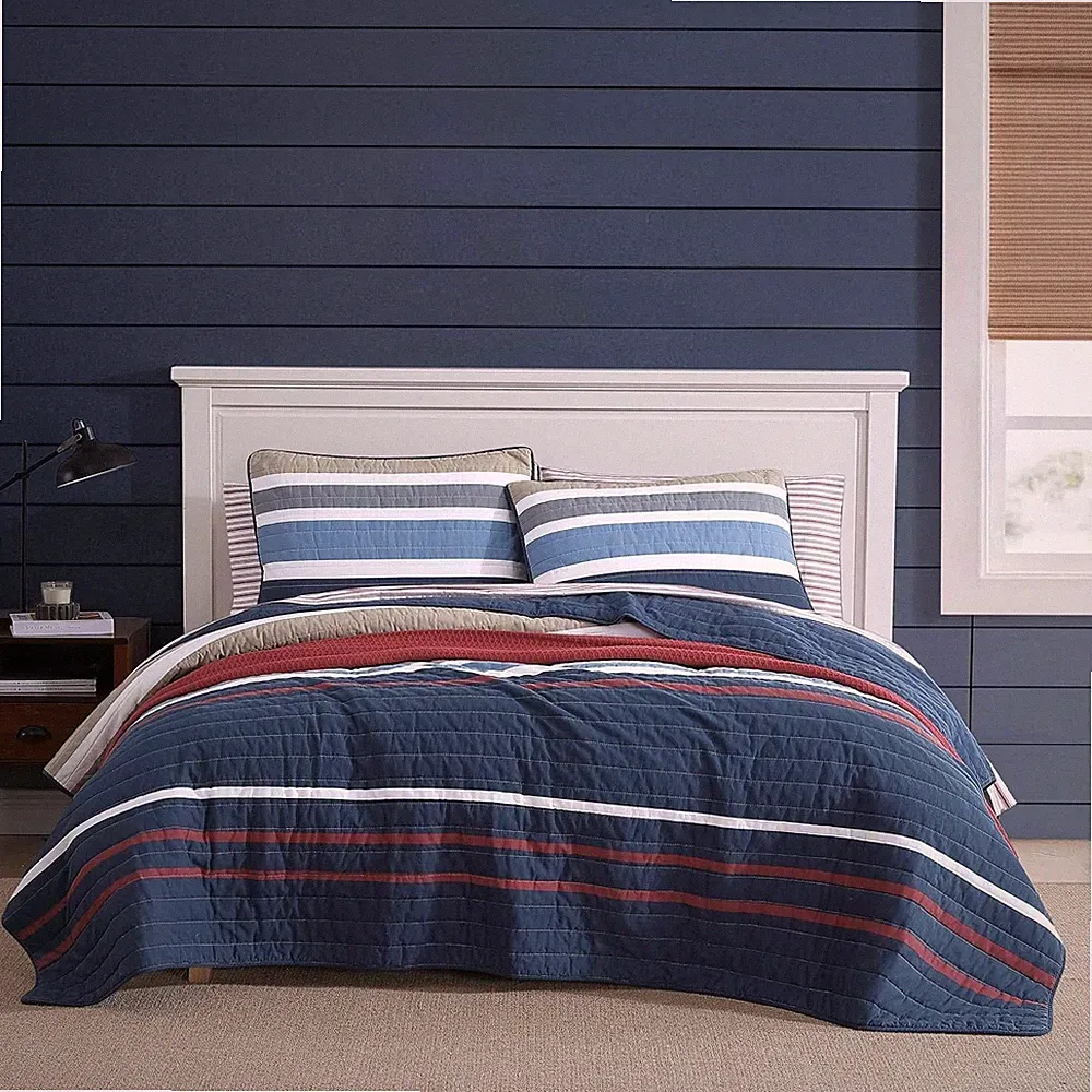 Nautica King Quilt Set Bradford Navy Blue - Reversible Cotton Bedding with Shams