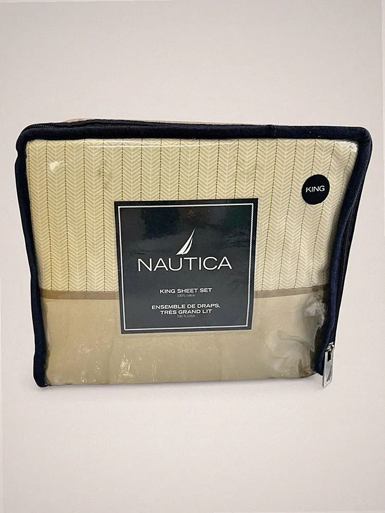 Nautica King Sheet Set 350TC Sateen Neutral Herringbone Stripe New Coastal Class