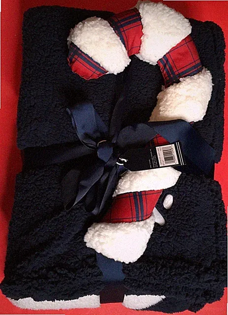 NAUTICA LOGO SHERPA THROW PAW PRINT Blue White Red + PLUSH CANDY CANE 50X60 New