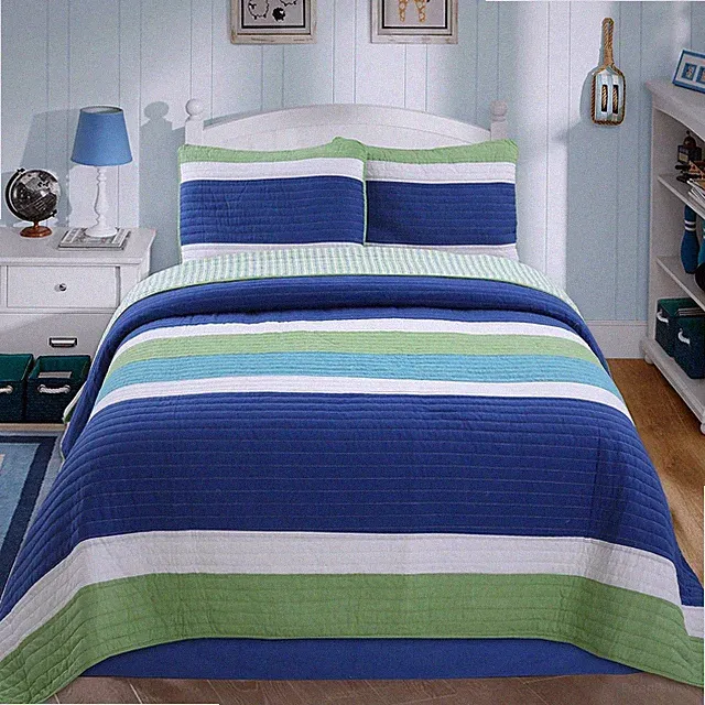 Nautica Navy Blue Green Striped Print 100% Cotton Bedding Quilt Set,Reversible