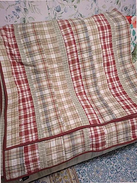 Nautica Queen Size 90 X 90 Red Tan Madras Plaid Patchwork Cotton Bedspread