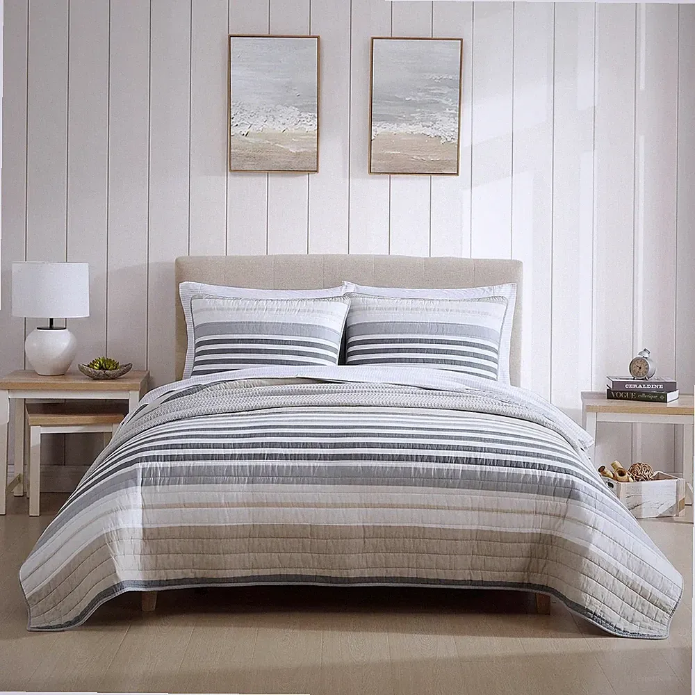 Nautica Quilt Set Cotton Bedding with Matching Sham QUEEN DOVER BEIGE/ GREY