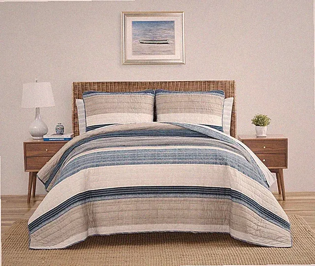 Nautica Ridgeport Blue Cotton Reversible 3 Piece Quilt Set, Full/Queen
