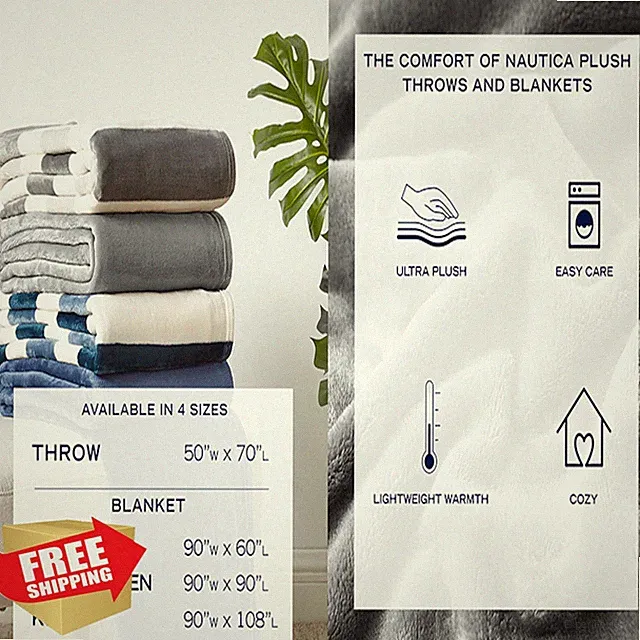 Nautica Throw Blanket Fleece 50x60" Awning Stripe Grey Cozy