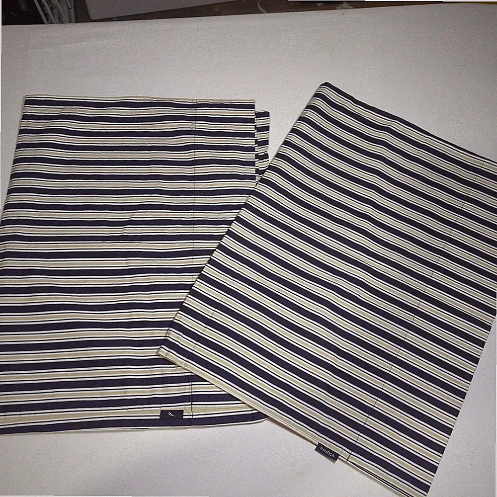 Set (2) Nautica 100% Cotton Pillowcases Stripes Navy Tan White
