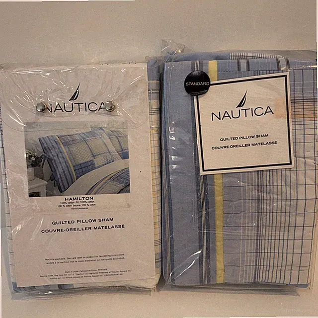 Set of 2 Nautica Quilted Pillow Shams Hamilton Light Blue Plaid Stripes Standard