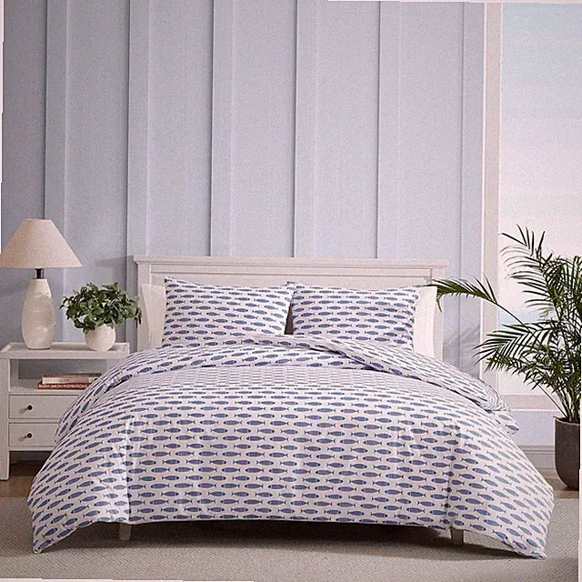 Super Soft Cotton Duvet Cover Set, Woodblock Fish Blue, Full/Queen