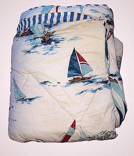Vintage NAUTICA Queen Quilted SAIL BOAT Comforter Reversible Striped USA